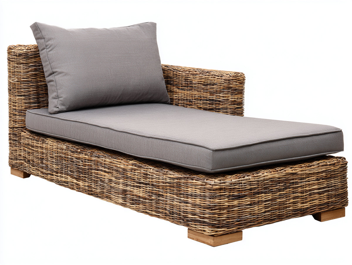 Bain de soleil - Fibre tressée-Bois-Textile - 190 x 85 x 82 cm - Marron naturel-Gris taupe - Style naturel