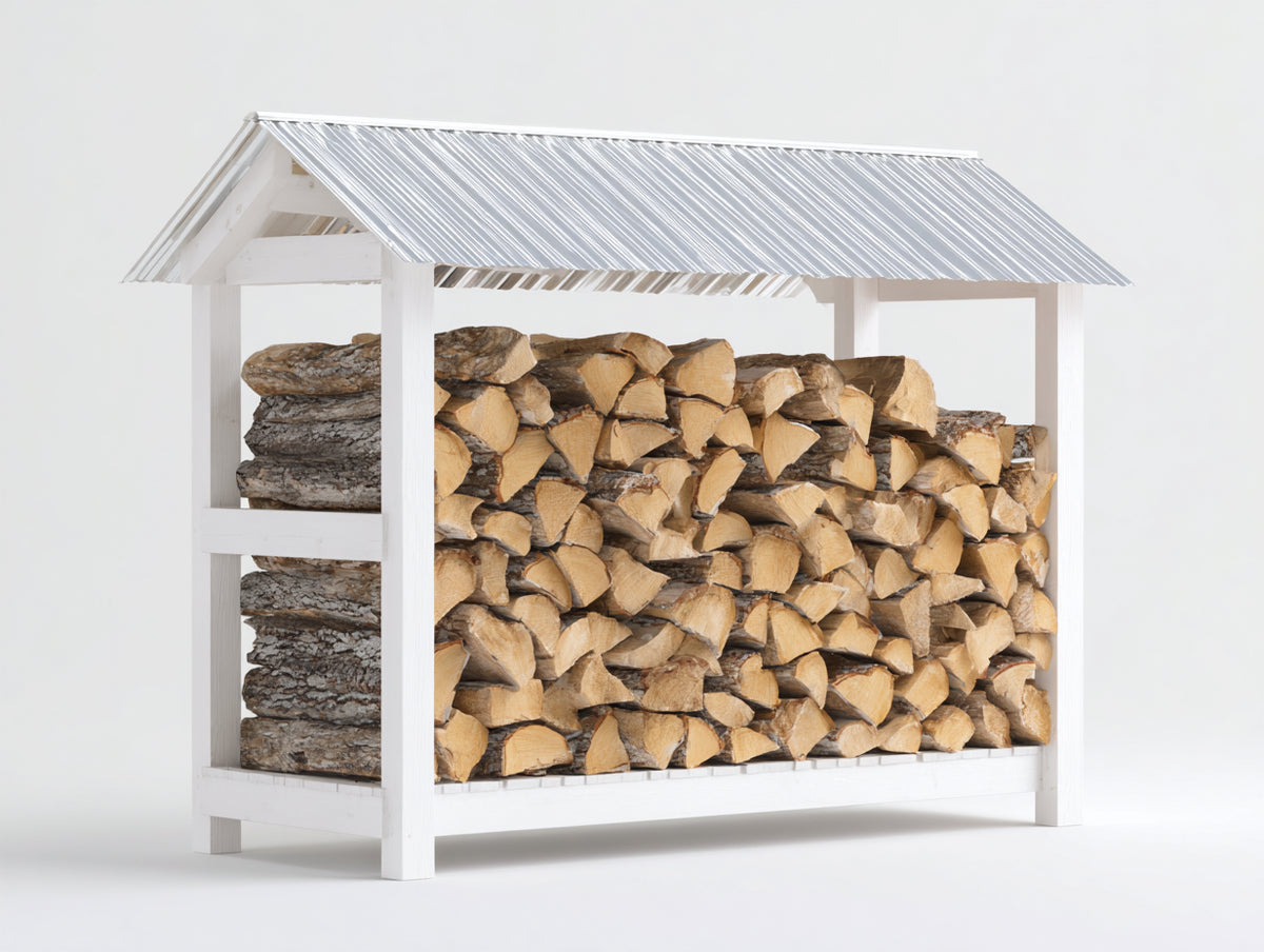 Abri à bûches - Bois - 150 x 60 x 135 cm - Blanc-Argent - Style ouvert à toit incliné