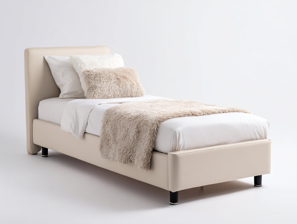 Lit simple - Similicuir - Métal - 212 x 105 x 100 cm - Beige clair-Noir - Style contemporain