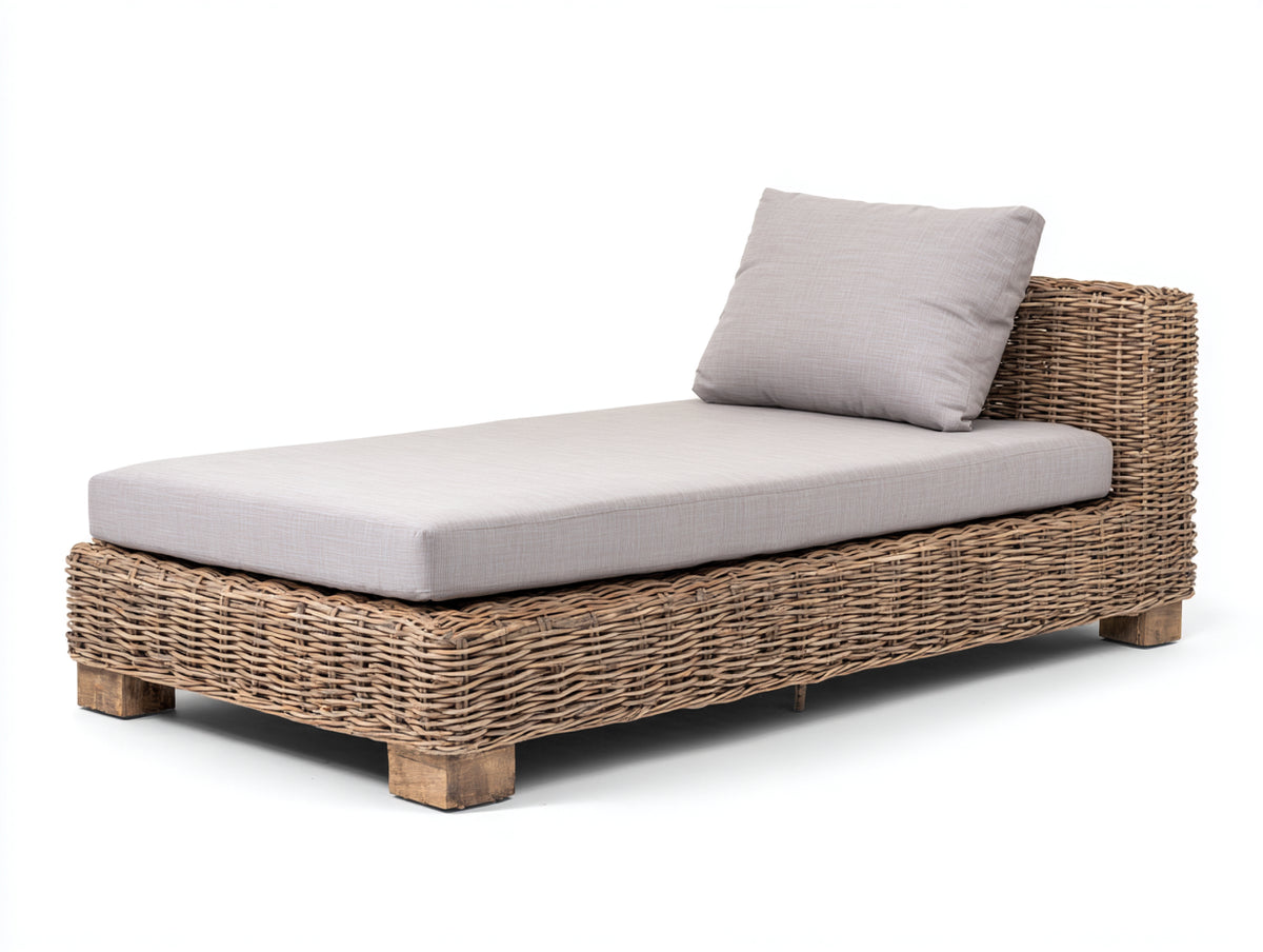 Bain de soleil - Rotin-Textile-Bois - 190 x 90 x 70 cm - Naturel-Gris clair - Style naturel contemporain