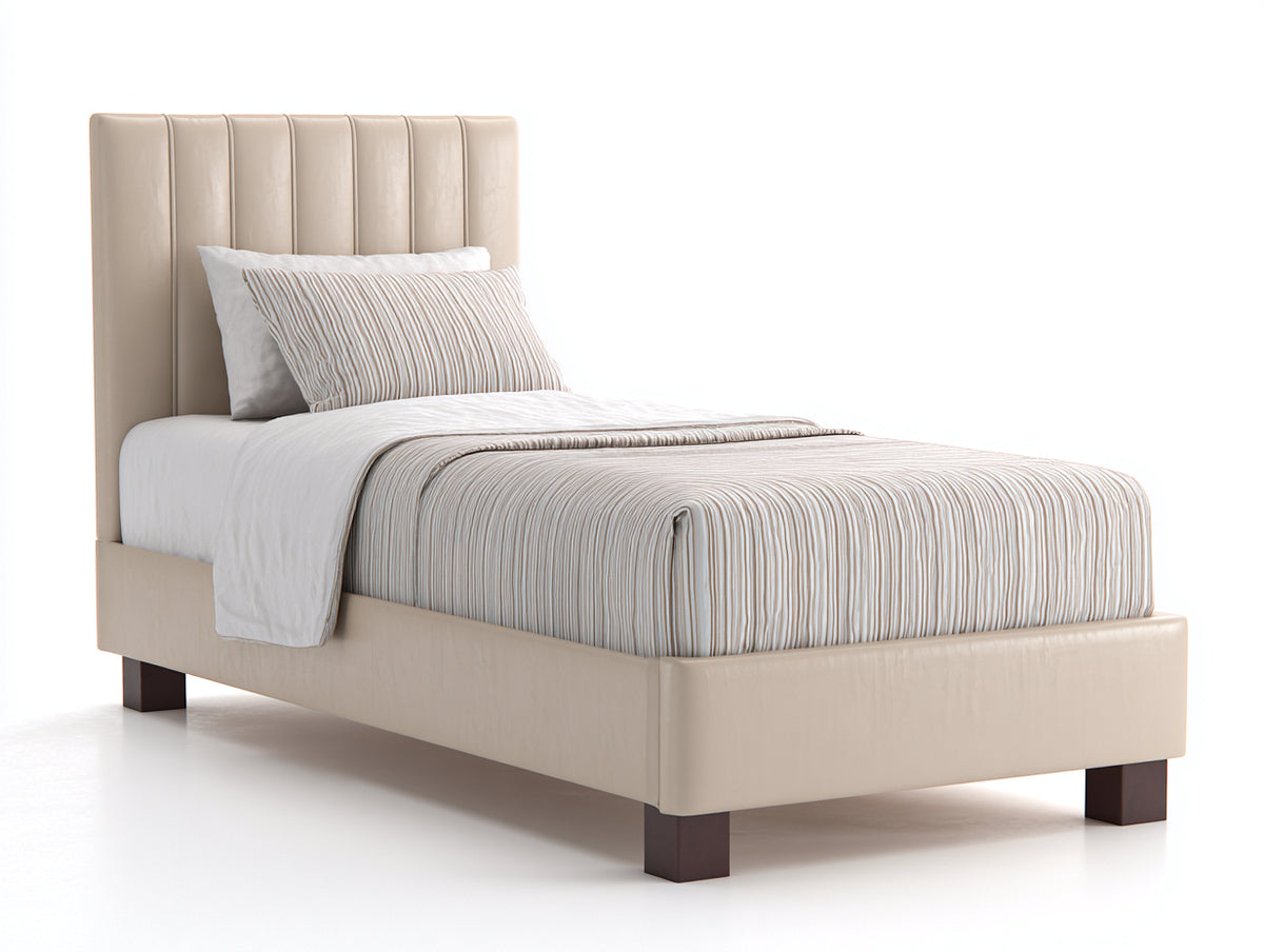 Lit simple - Similicuir - Bois - 212 x 105 x 112 cm - Beige crème-Marron foncé - Style contemporain