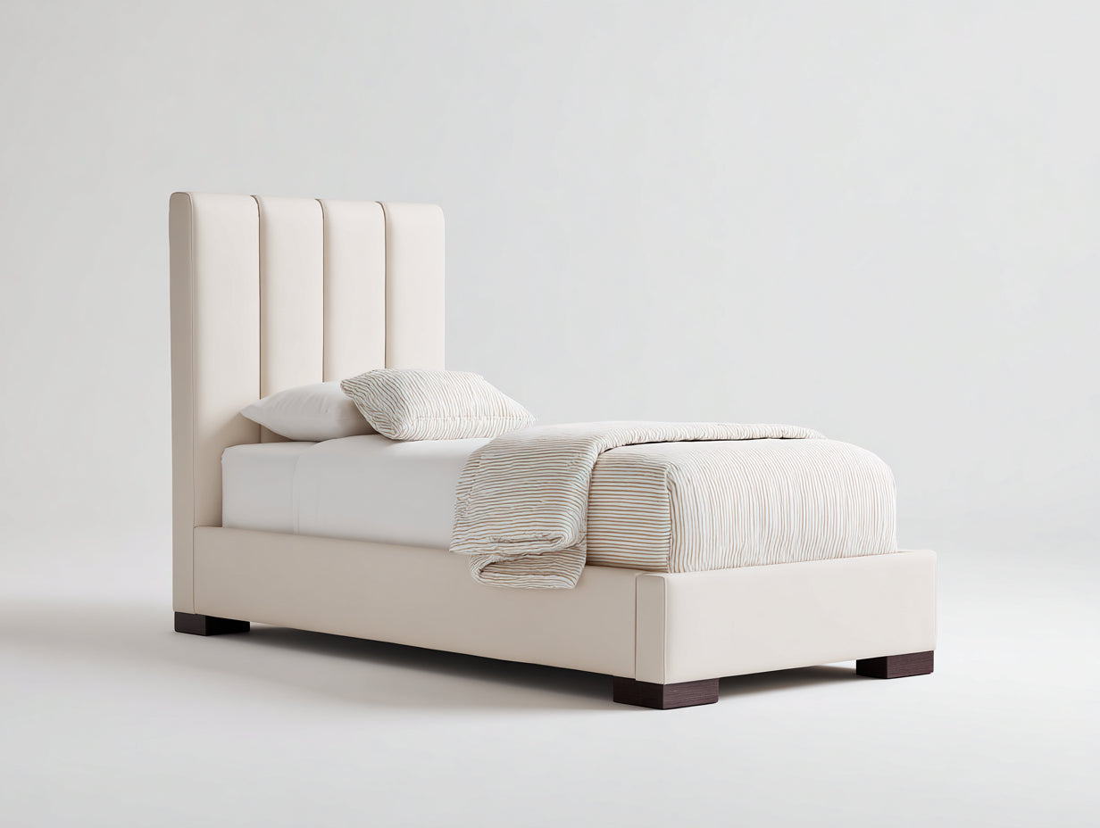 Lit simple - Similicuir - Bois - 214 x 106 x 115 cm - Beige clair-Marron foncé - Style contemporain