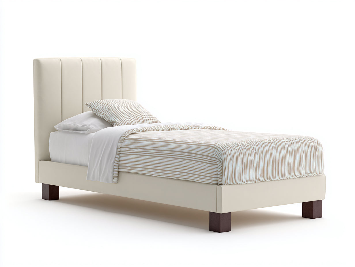 Lit simple - Similicuir - Bois - 210 x 105 x 105 cm - Beige crème-Marron foncé - Style contemporain