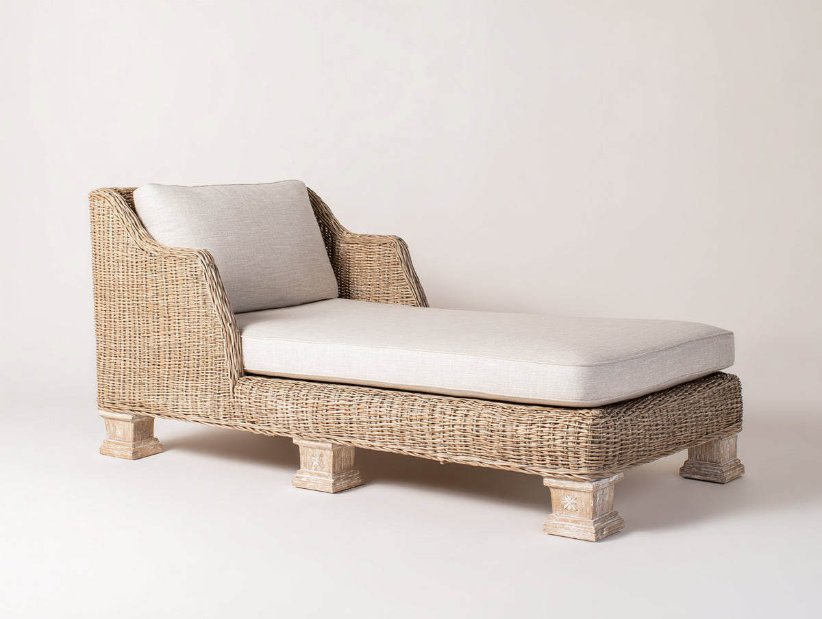 Bain de soleil - Fibre tressée-Bois-Textile - 200 x 90 x 85 cm - Beige naturel-Crème - Style naturel