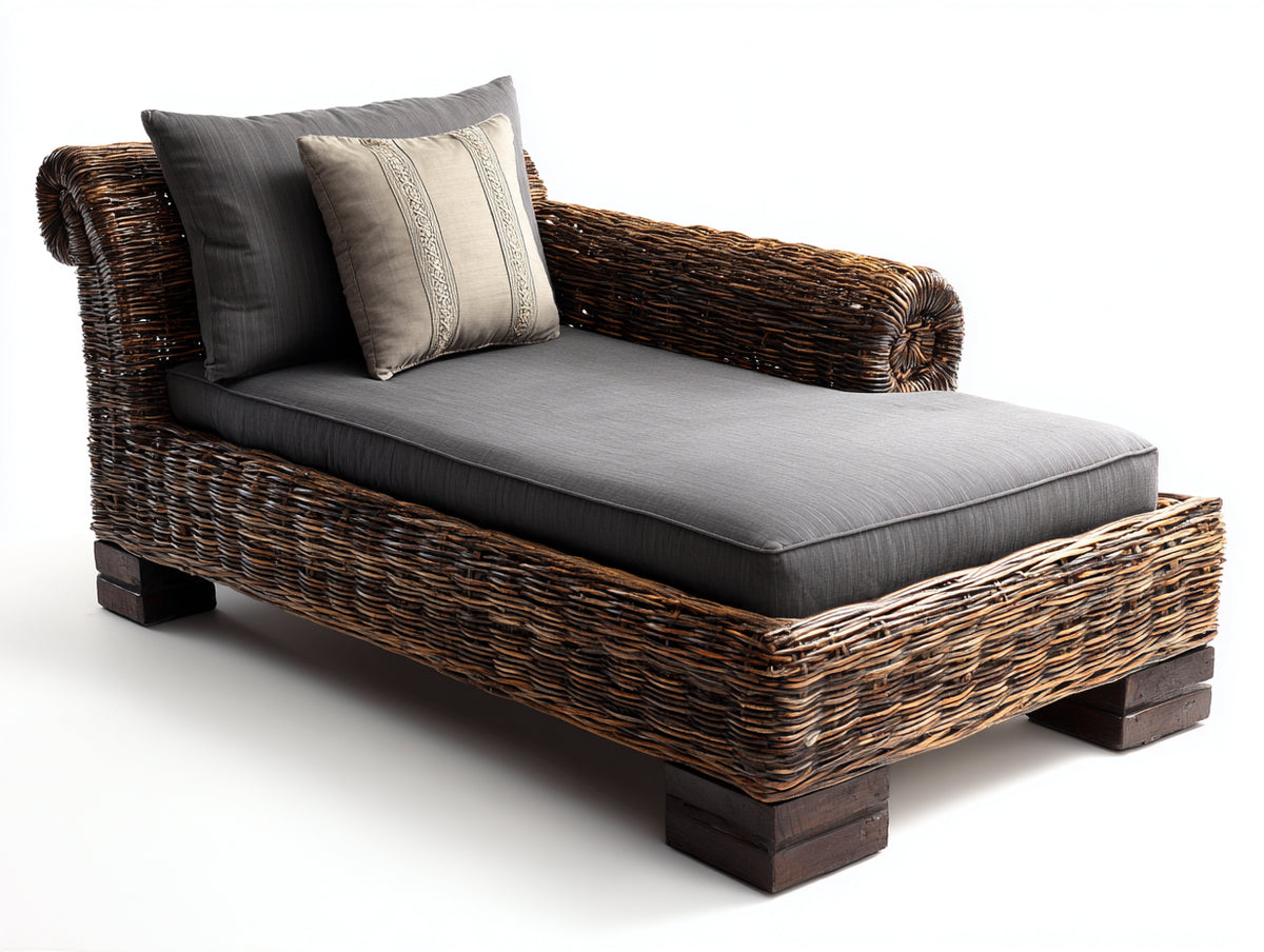 Bain de soleil - Fibre tressée-Bois-Textile - 195 x 90 x 80 cm - Marron-Gris - Style naturel