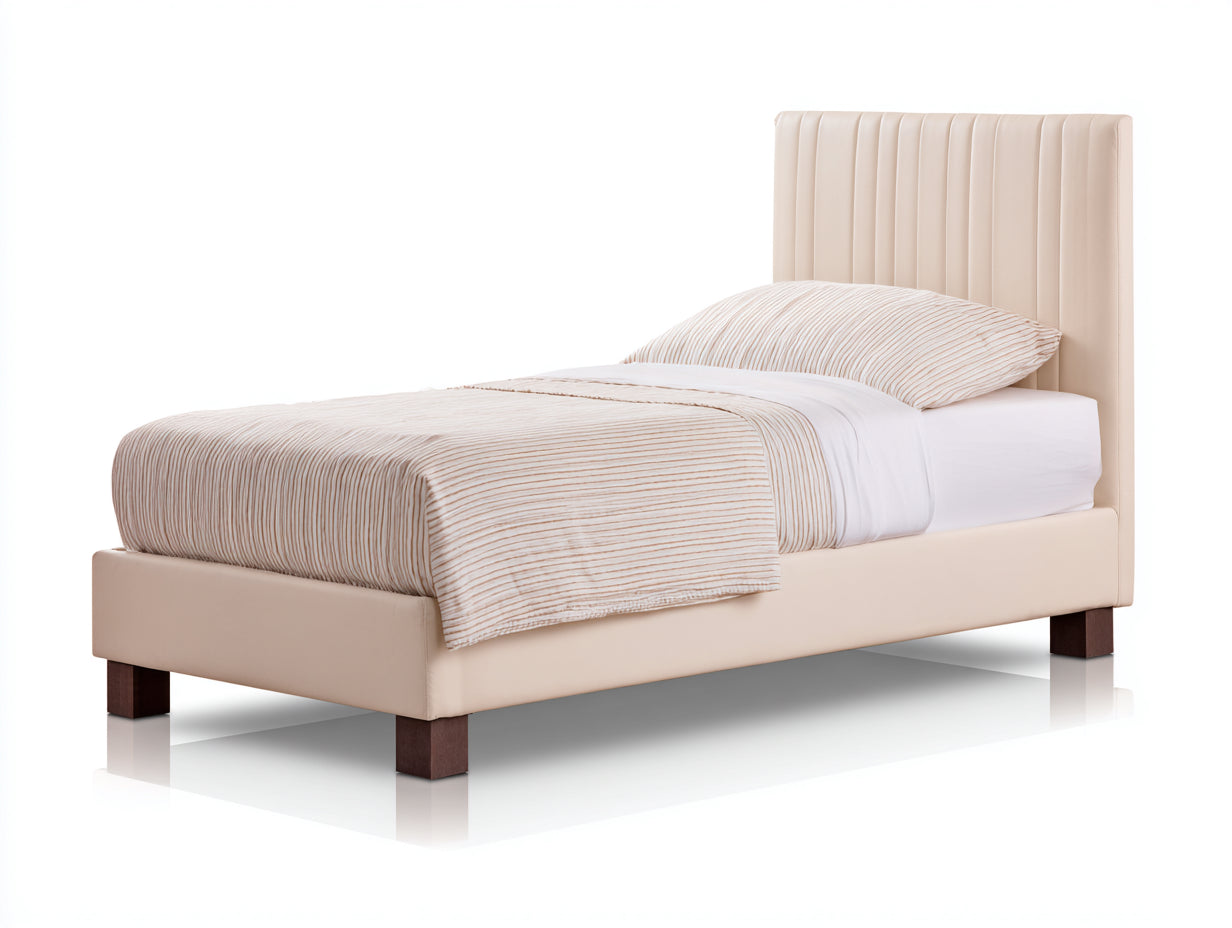 Lit simple - Tissu - Bois - 212 x 105 x 112 cm - Beige clair-Marron foncé - Style contemporain