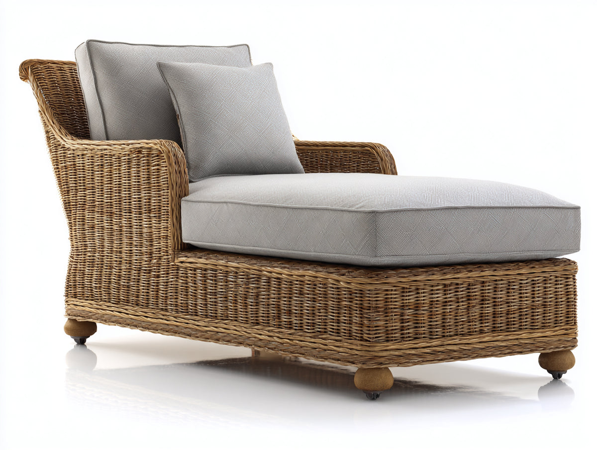 Bain de soleil - Rotin-Textile-Bois - 170 x 80 x 90 cm - Naturel-Gris clair - Style classique