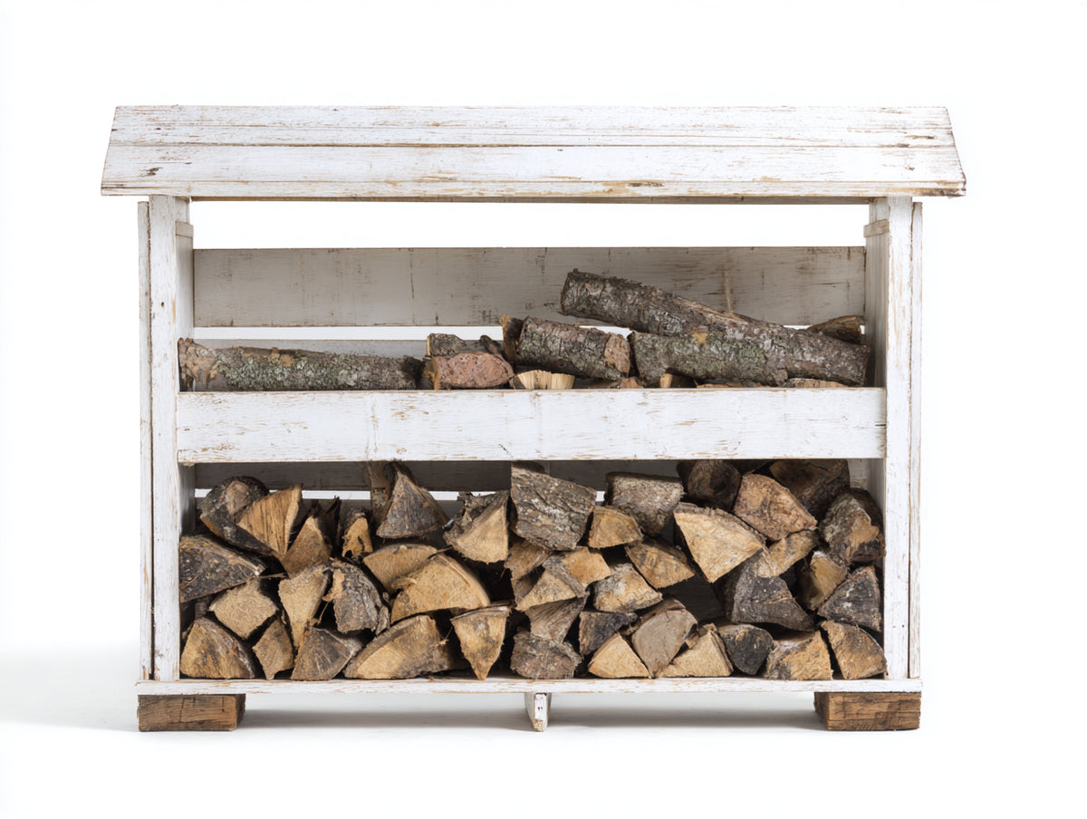 Abri à bûches - Bois - 125 x 50 x 110 cm - Blanc-Marron - Style rustique compact à toit incliné