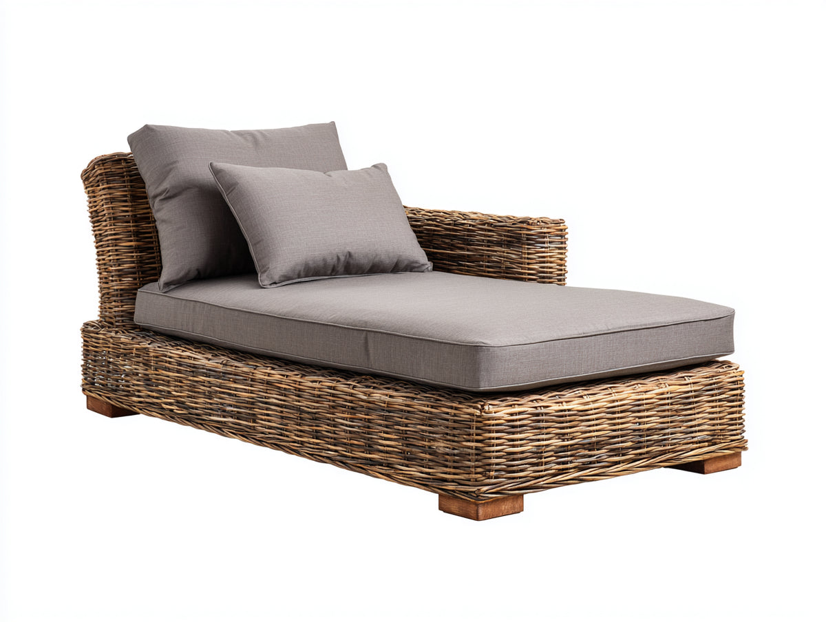 Bain de soleil - Fibre tressée-Bois-Textile - 195 x 90 x 85 cm - Marron naturel-Gris taupe - Style naturel contemporain