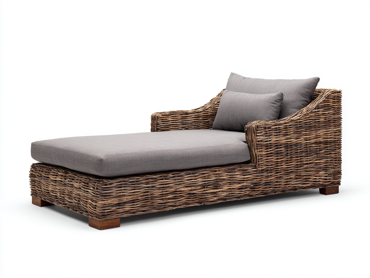 Bain de soleil - Fibre tressée-Bois-Textile - 195 x 90 x 88 cm - Marron naturel-Gris taupe - Style naturel contemporain