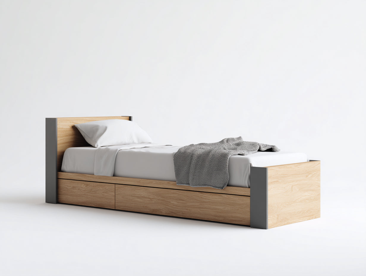 Lit simple - Bois d'ingénierie - 210 x 100 x 85 cm - Chêne clair-Gris foncé - Style moderne avec rangement