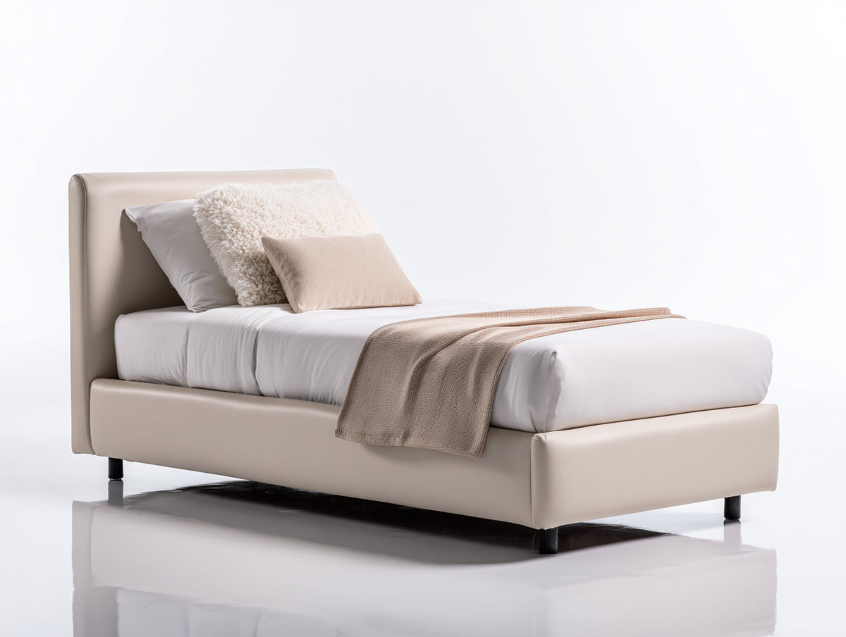 Lit simple - Similicuir - Métal - 213 x 106 x 99 cm - Beige clair-Noir - Style moderne