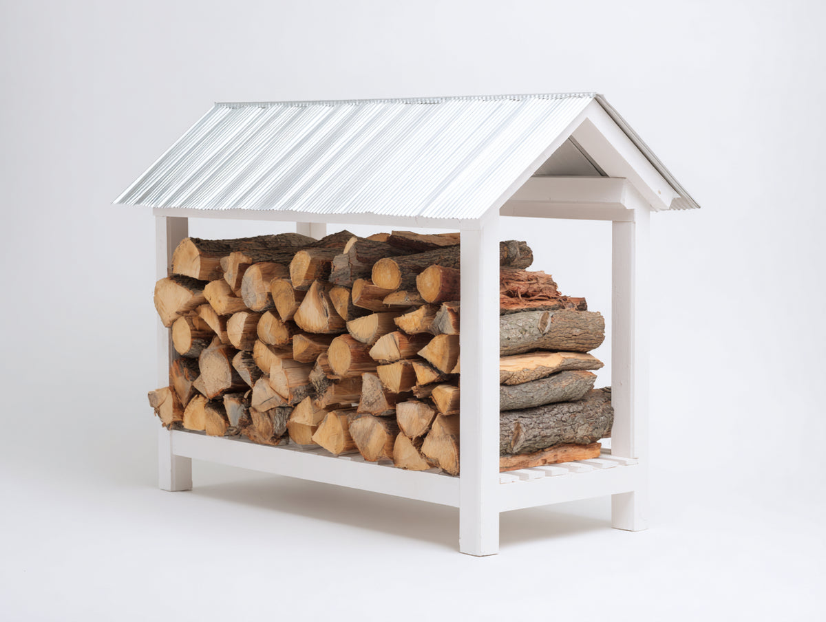 Abri à bûches - Bois - 120 x 55 x 125 cm - Blanc-Argent - Style maison à toit incliné