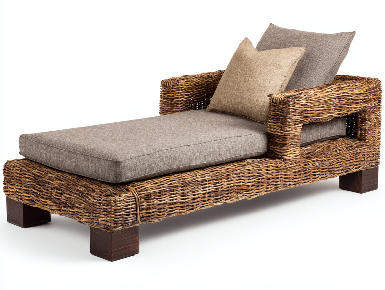 Bain de soleil - Fibre tressée-Bois-Textile - 190 x 80 x 82 cm - Marron-Grège - Style naturel